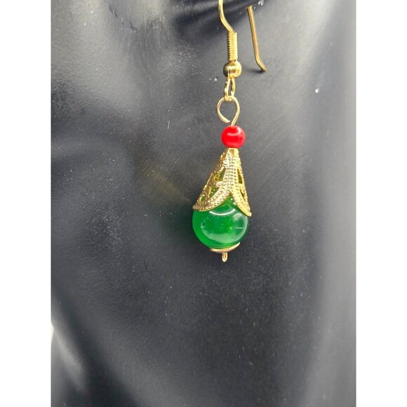 Spinach Jade Teardrop Hook earrings with Gold Filagree and Red Coral Bead 2 inch - Picture 2 of 5